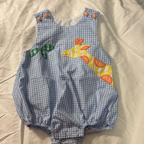 Shrimp & Grits Kids Other - Shrimp & Grits Kids Blue Gingham Kids One Piece with Giraffe Design